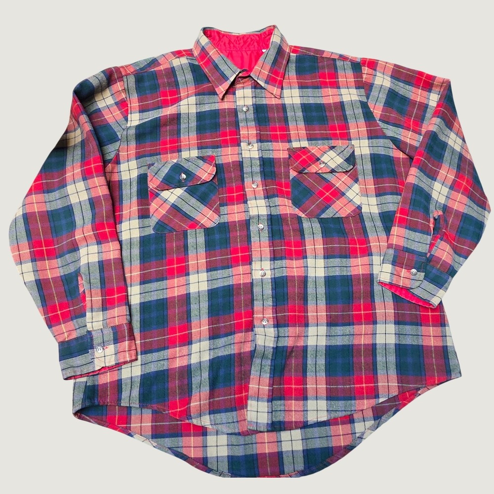 Vintage Plaid Button Down Shirt XL Red Green Acrylic Flannel Lined Yoke